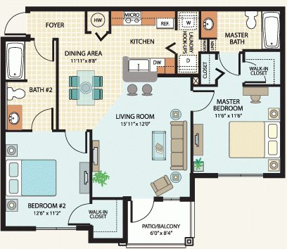 Floor plan for 2 beds, 2 baths, 969 sqft